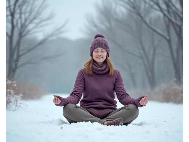 Person practicing yoga in a snowy, serene winter landscape, emphasizing winter outdoor yoga.