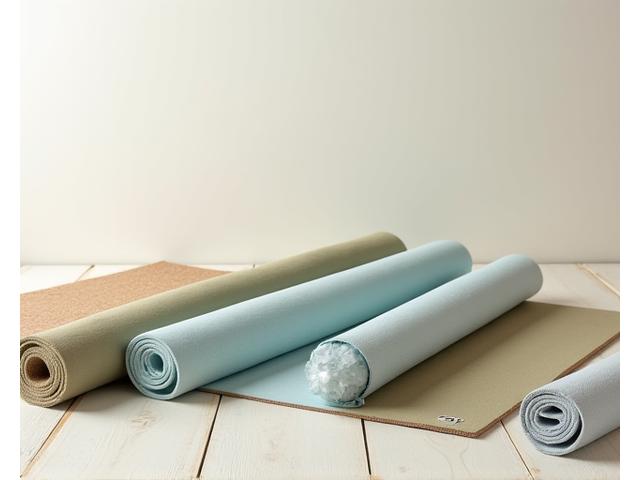 Several eco-friendly yoga mats in various natural tones, rolled and unrolled, on a wooden floor.