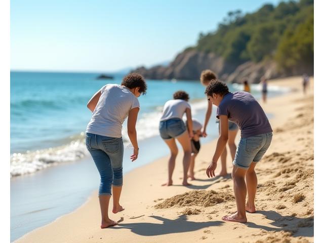 Group of volunteers participating in a beach cleanup at a scenic coastal location.