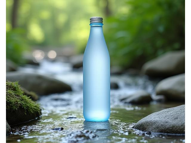 Frosted water bottle next to a flowing stream