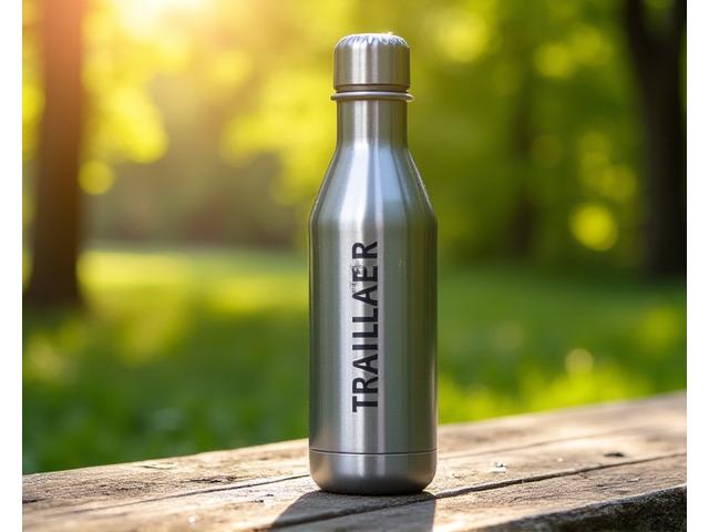 Trailblazer Hydration Bottle with condensation on a picnic table in a park