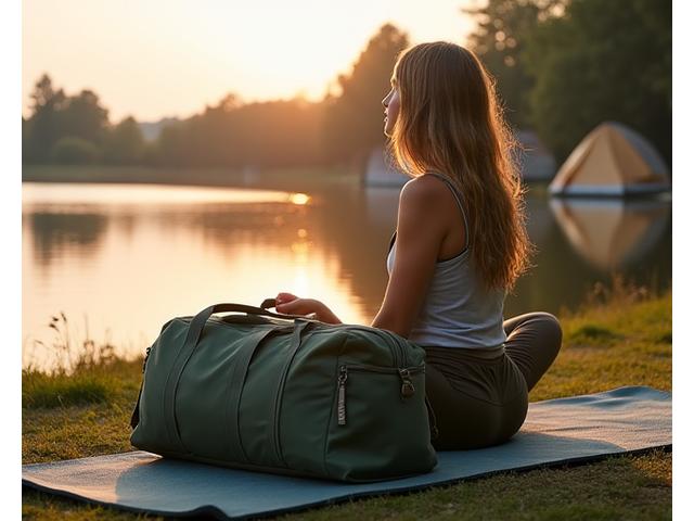 Emily seated with her Journey Duffel bag at a serene lakeside campsite after an outdoor yoga retreat, illustrating the bag's capacity and comfort.