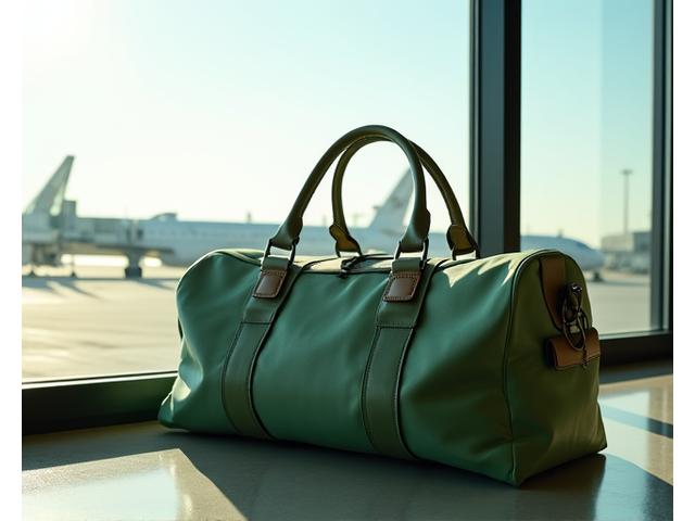 A spacious yoga travel duffel bag next to an airport gate, ready for workshops and getaways, highlighting ample storage and durable construction.