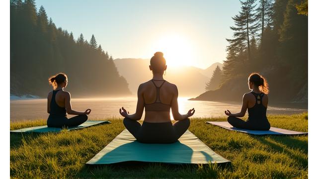 Yogis practicing on eco-friendly yoga mats outdoors on various surfaces like grass, sand, and smooth rock.