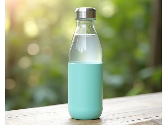 Eco-friendly glass water bottle with protective silicone sleeve on a yoga mat